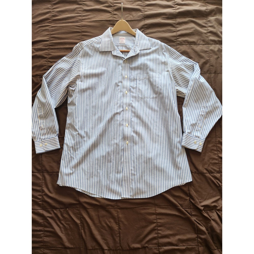 Brooks Brothers 346 Men's Non-Iron Dress Shirt Blue & White Stripe Size 17 4/5